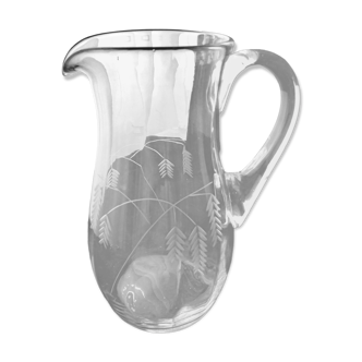 Cruche , carafe à eau en verre soufflé , Décor gravé  1.8 L