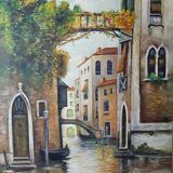 Venetian tableau oil on panel vintage/old canal and façades