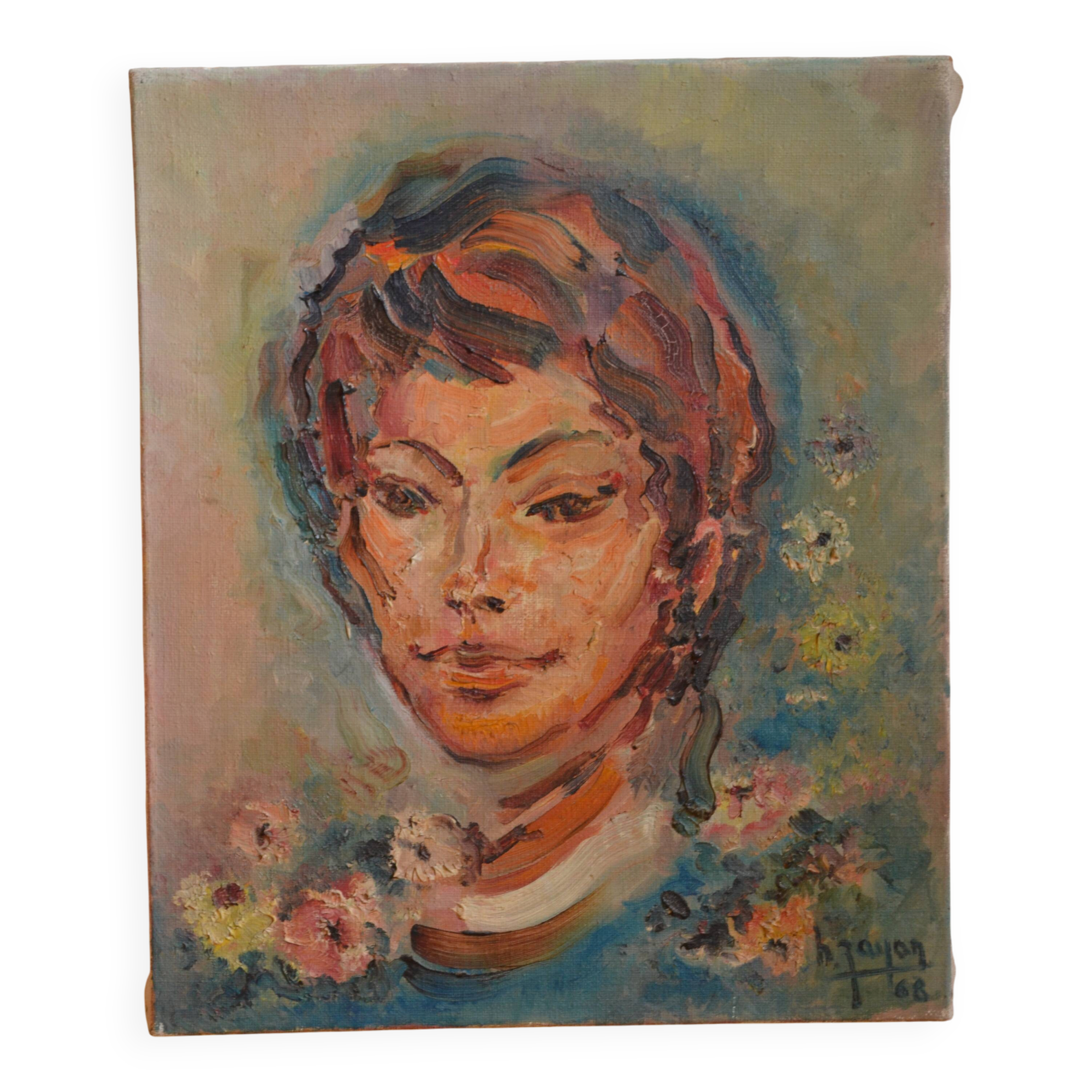 Portrait by Henri Zayan, HST painting, French school, mid-20th century.