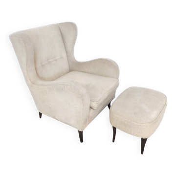 Fauteuil de salon en tissu ivoire avec ottoman dans le style de Gio Ponti, Italie