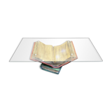 Coffee table with a base in the shape of books
