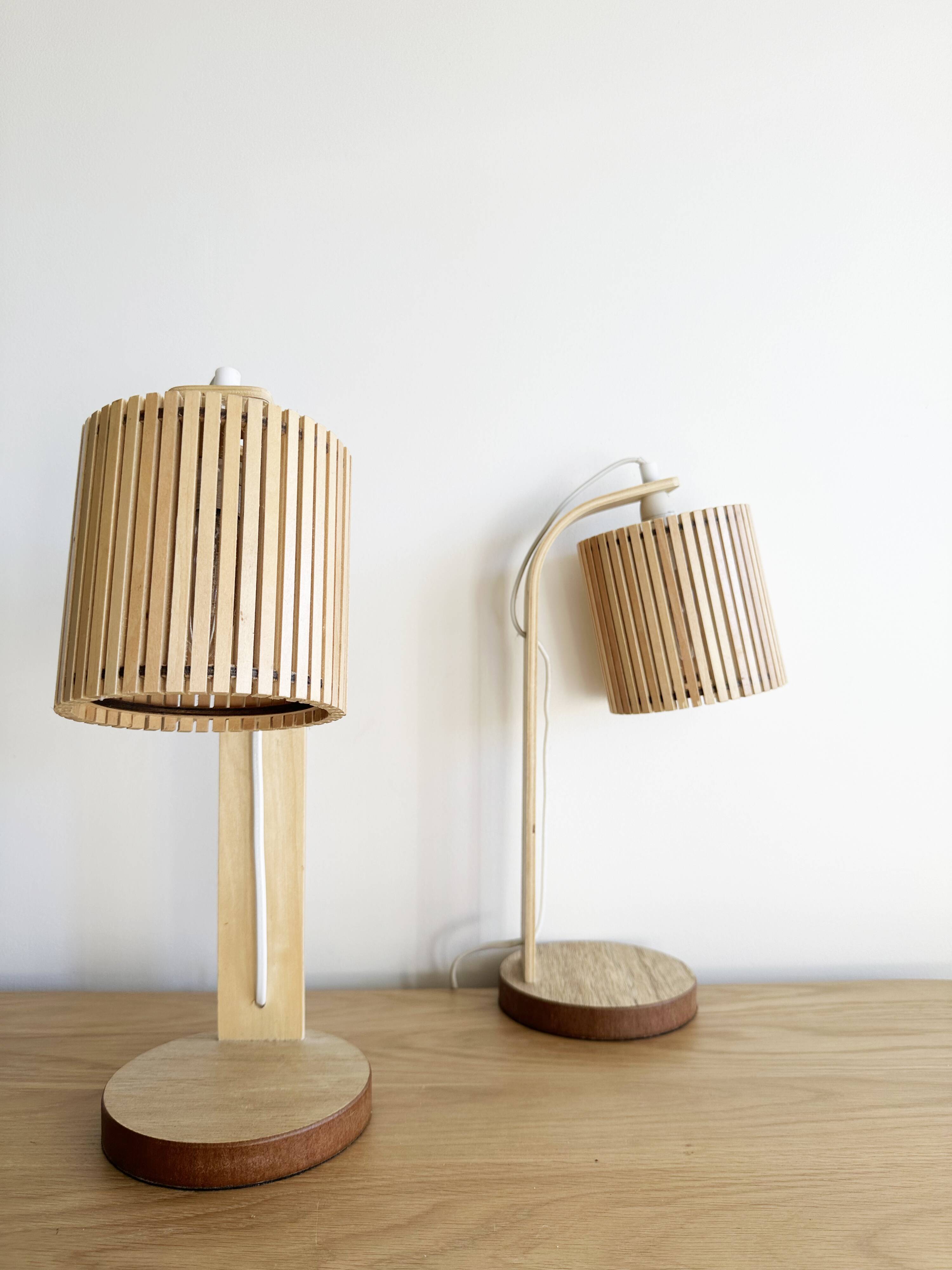 Pair of large Scandinavian lamps in natural wood.
