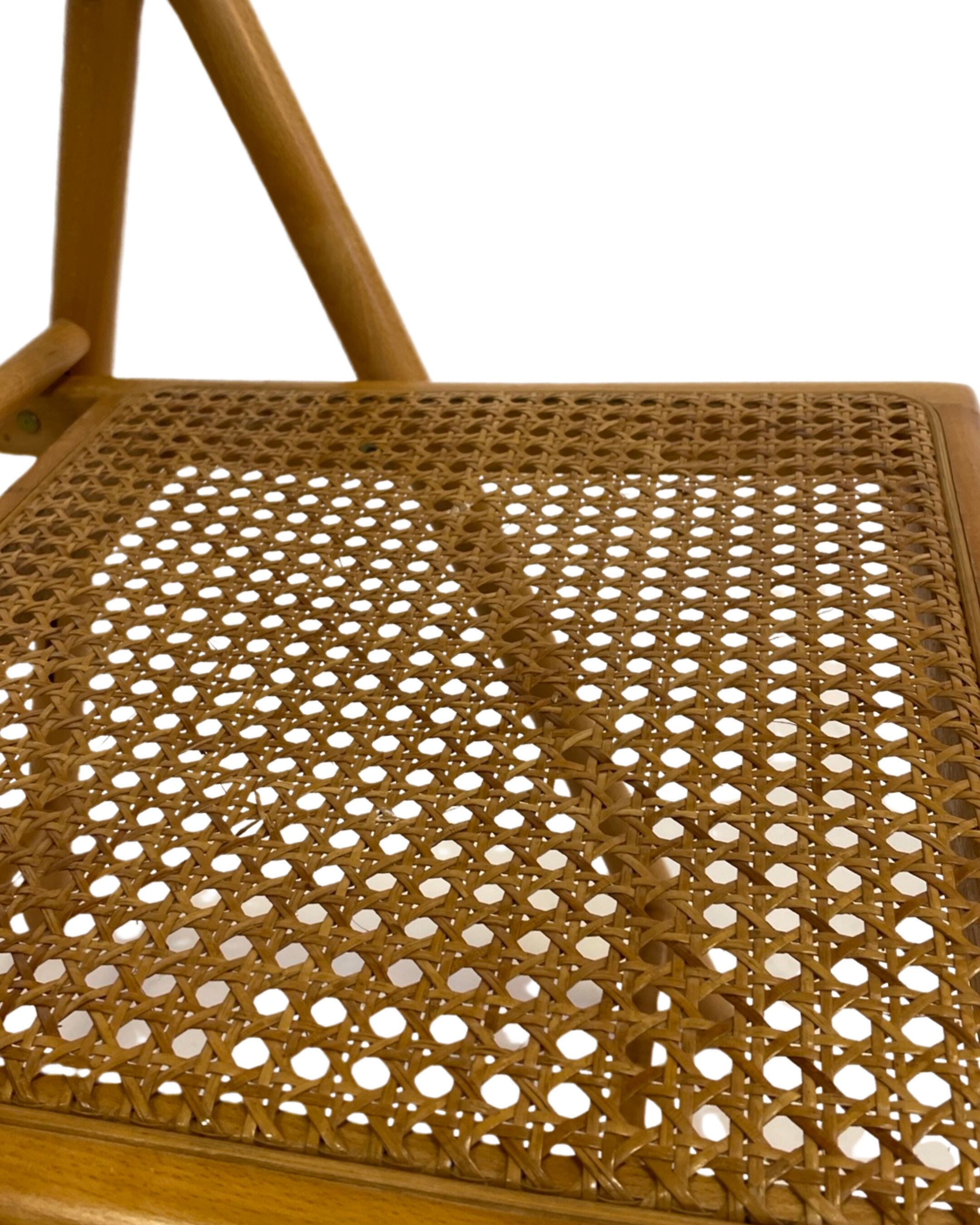 Set of four vintage folding chairs with webbing and wood 1970s