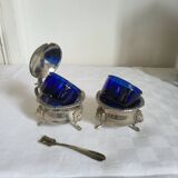 Ancien Saleron et Moutardier en Métal Argenté et Verre Bleu