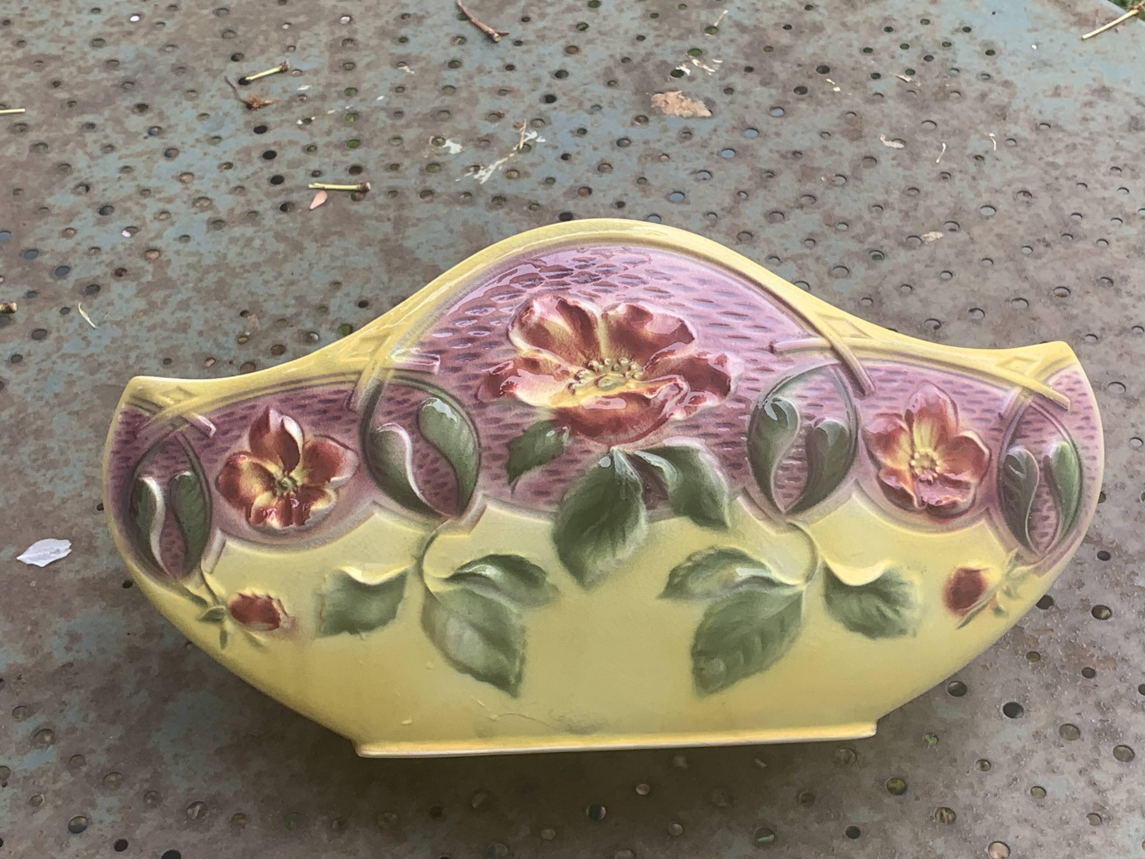 Yellow glazed ceramic slip planter, hawthorn pink flower pattern, art deco