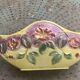 Yellow glazed ceramic slip planter, hawthorn pink flower pattern, art deco
