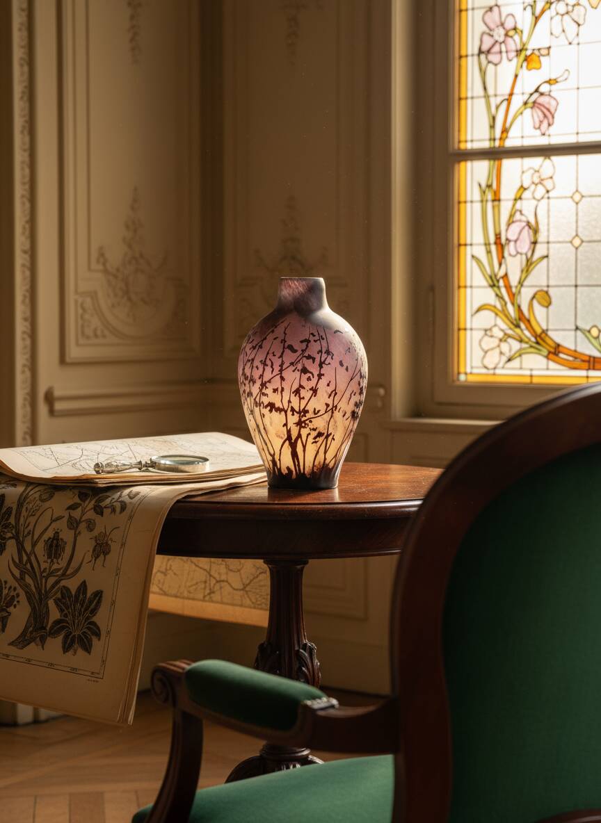 Acid-etched glass vase with a branch design.