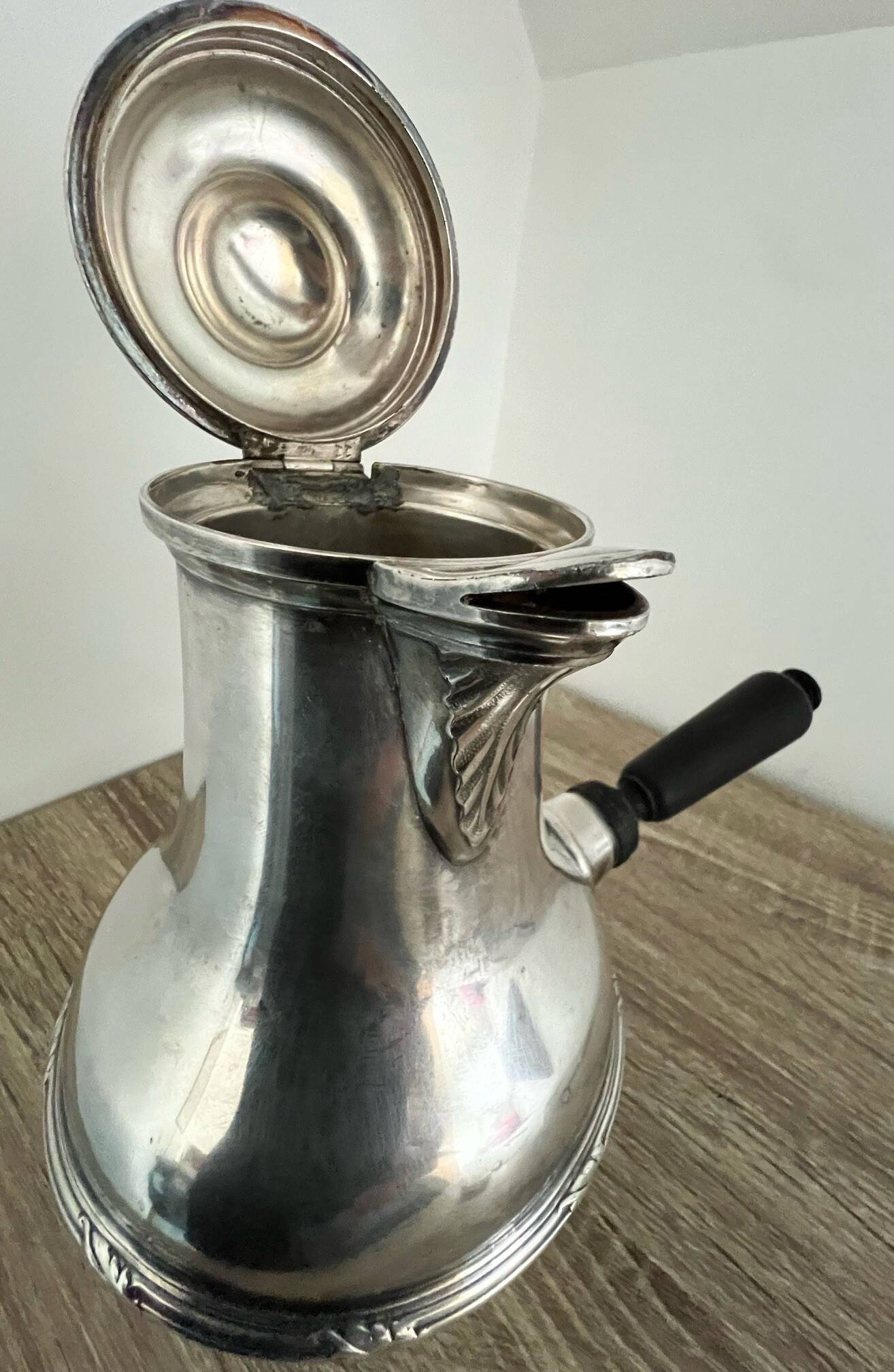 Silver-plated metal chocolate pot stamped ARGIT SFOA with an ebony handle.