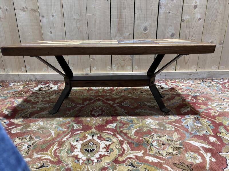 Table basse bois et céramique années 70