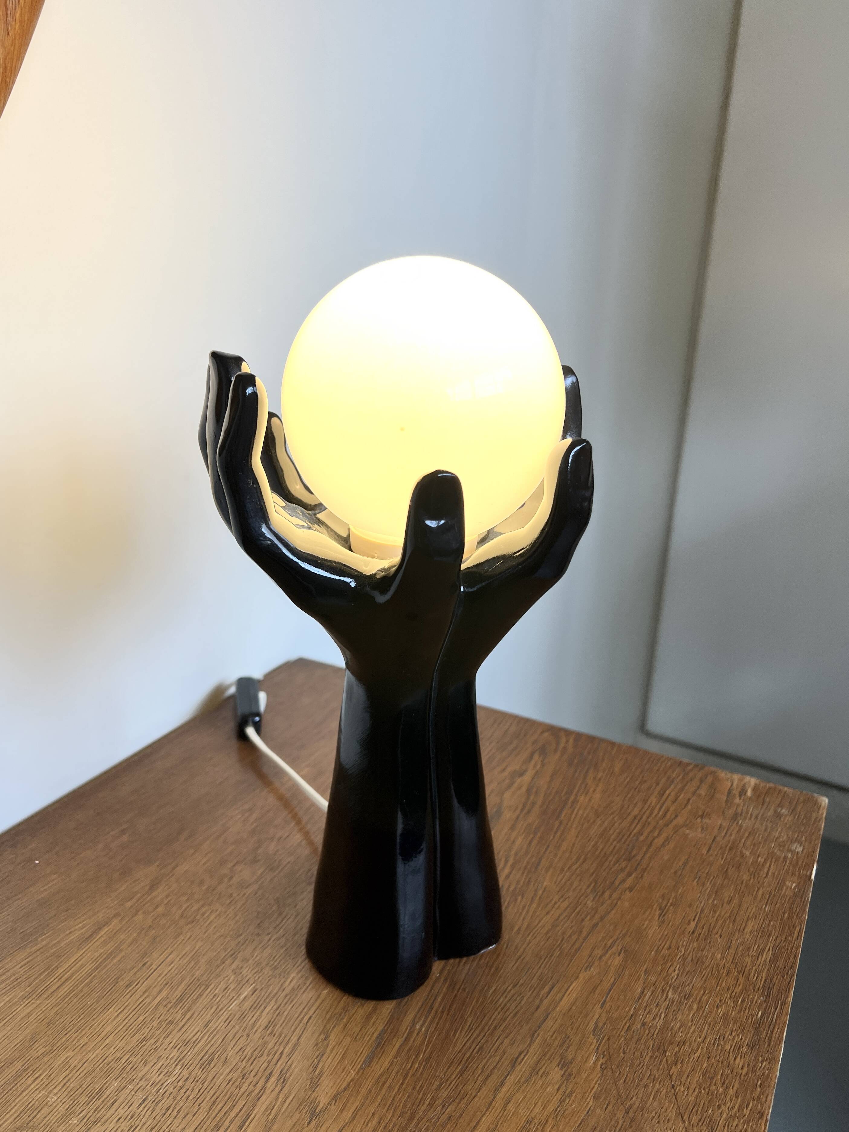 Black Ceramic Lamp with Hands & Opaline Globe – 70s Art Deco Style