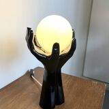 Black Ceramic Lamp with Hands & Opaline Globe – 70s Art Deco Style