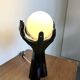 Black Ceramic Lamp with Hands & Opaline Globe – 70s Art Deco Style