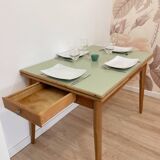 Vintage extendable dining table, wood and sage green