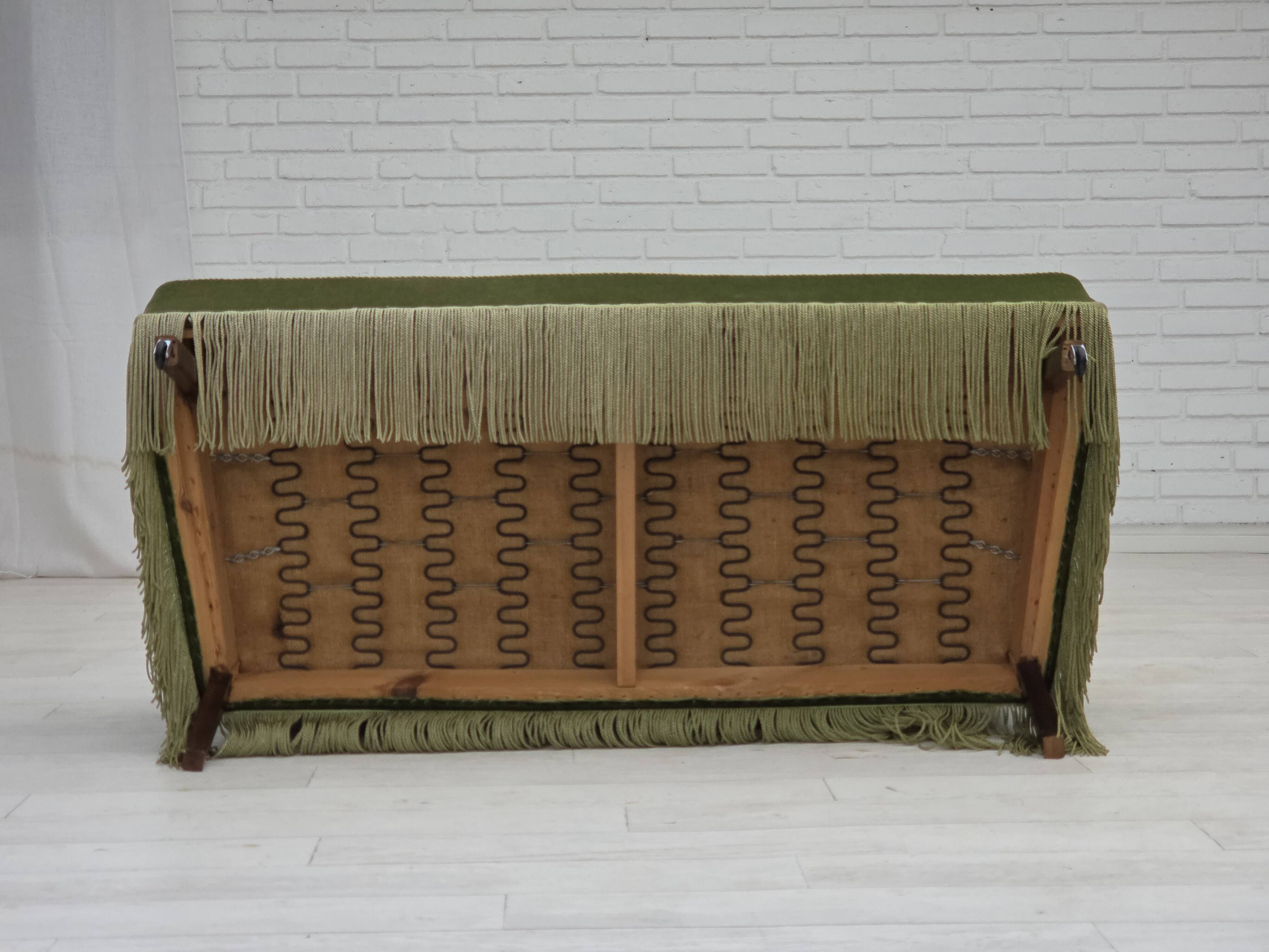 1970s, Danish 2-seater sofa, green furniture velour, beech wood legs.