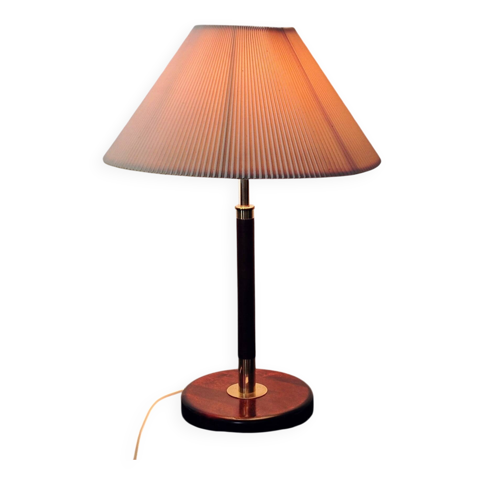 Vintage Wooden, Brass & Leather Table Lamp – 1970s