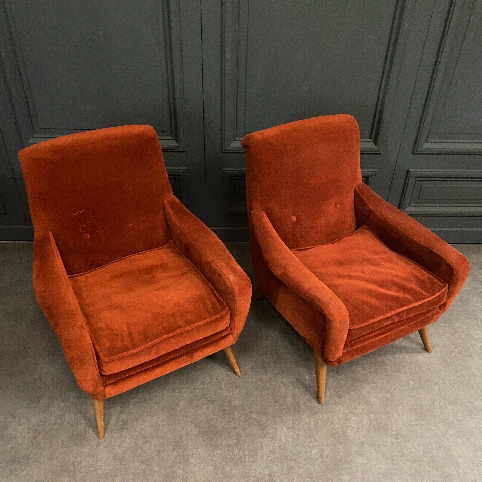 Pair of Scandinavian work armchairs from the 60s in velvet and compass legs