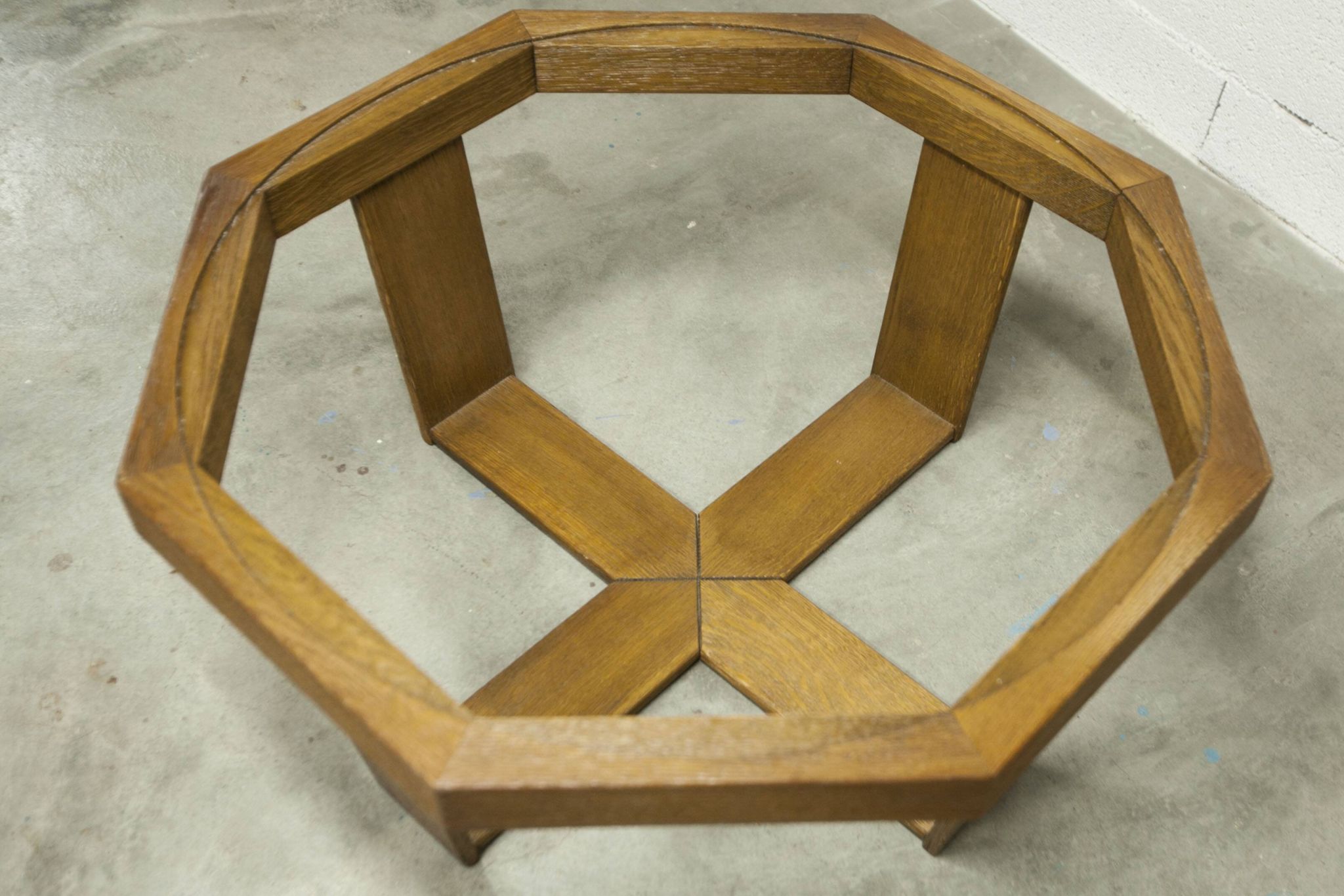 Unique hexagonal table 1977, smoked glass and oak, Swiss made.
