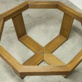 Unique hexagonal table 1977, smoked glass and oak, Swiss made.