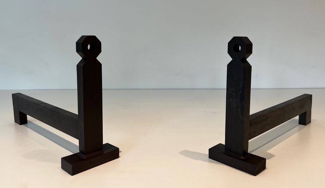 Pair of Minimalist Modernist Wrought Iron Chenets with Torch Holders in Nut Design