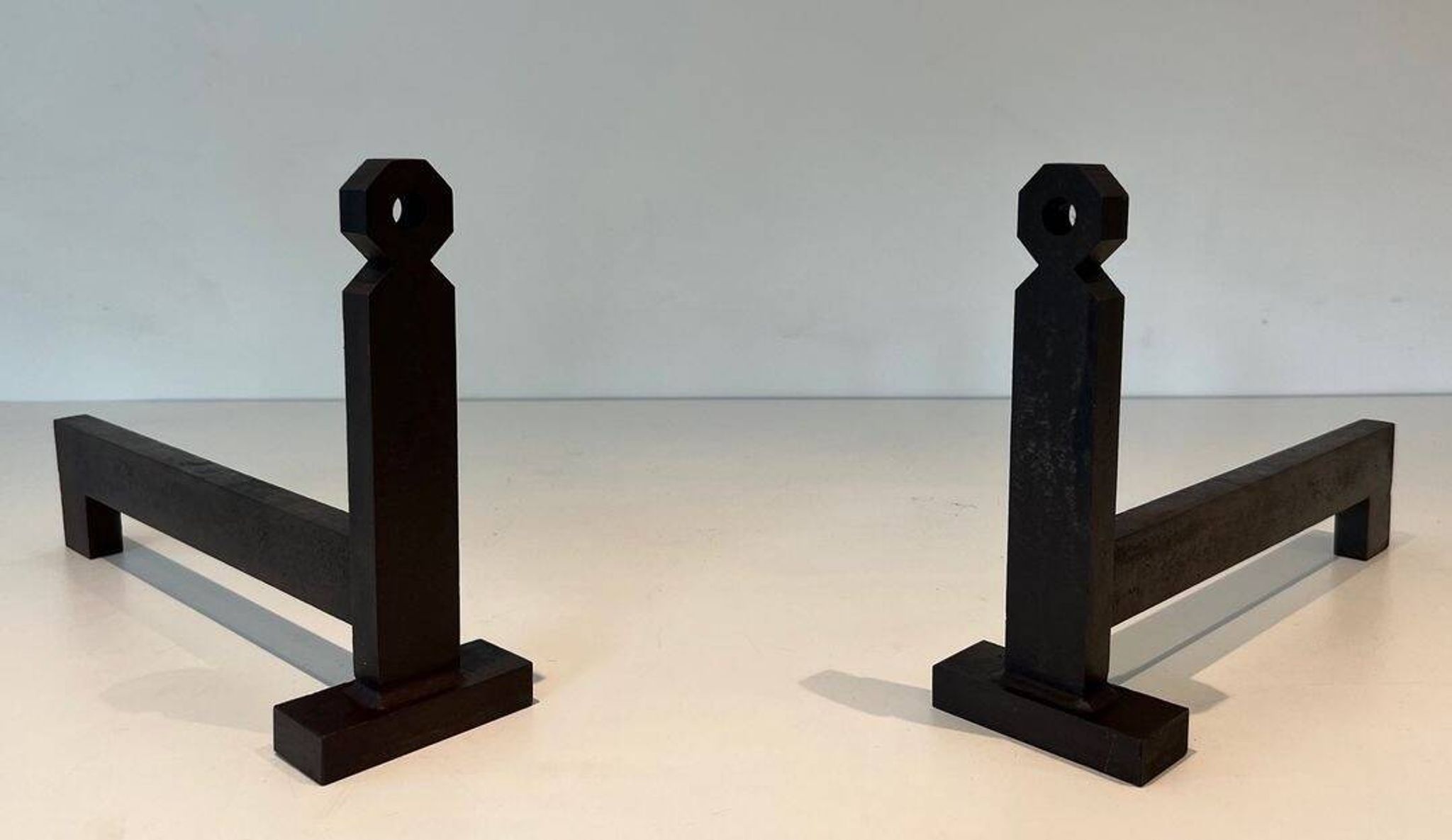 Pair of Minimalist Modernist Wrought Iron Chenets with Torch Holders in Nut Design