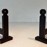 Pair of Minimalist Modernist Wrought Iron Chenets with Torch Holders in Nut Design