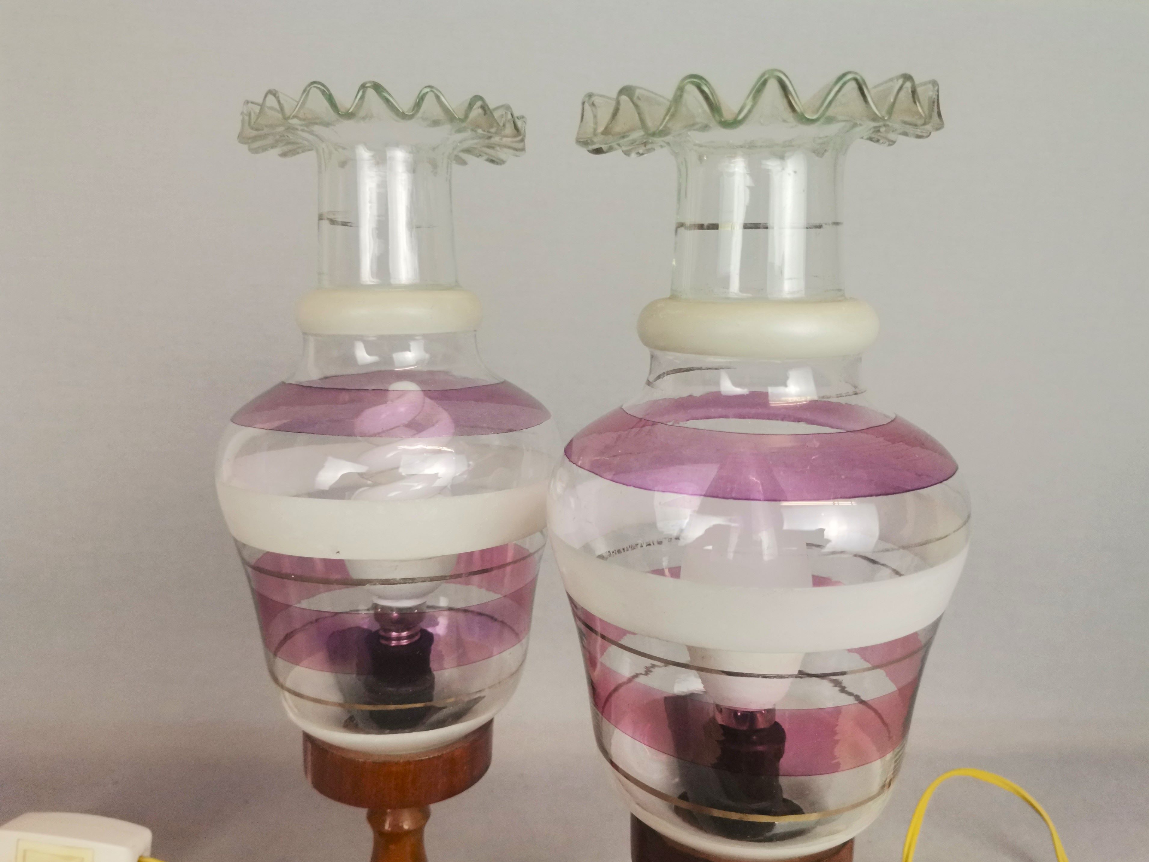 Portuguese Farmhouse rustic wooden table lamps with torch glass shades, 1970s, Set of 2