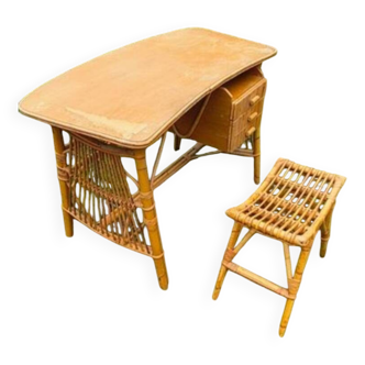 Vintage bamboo/rattan desk + stool
