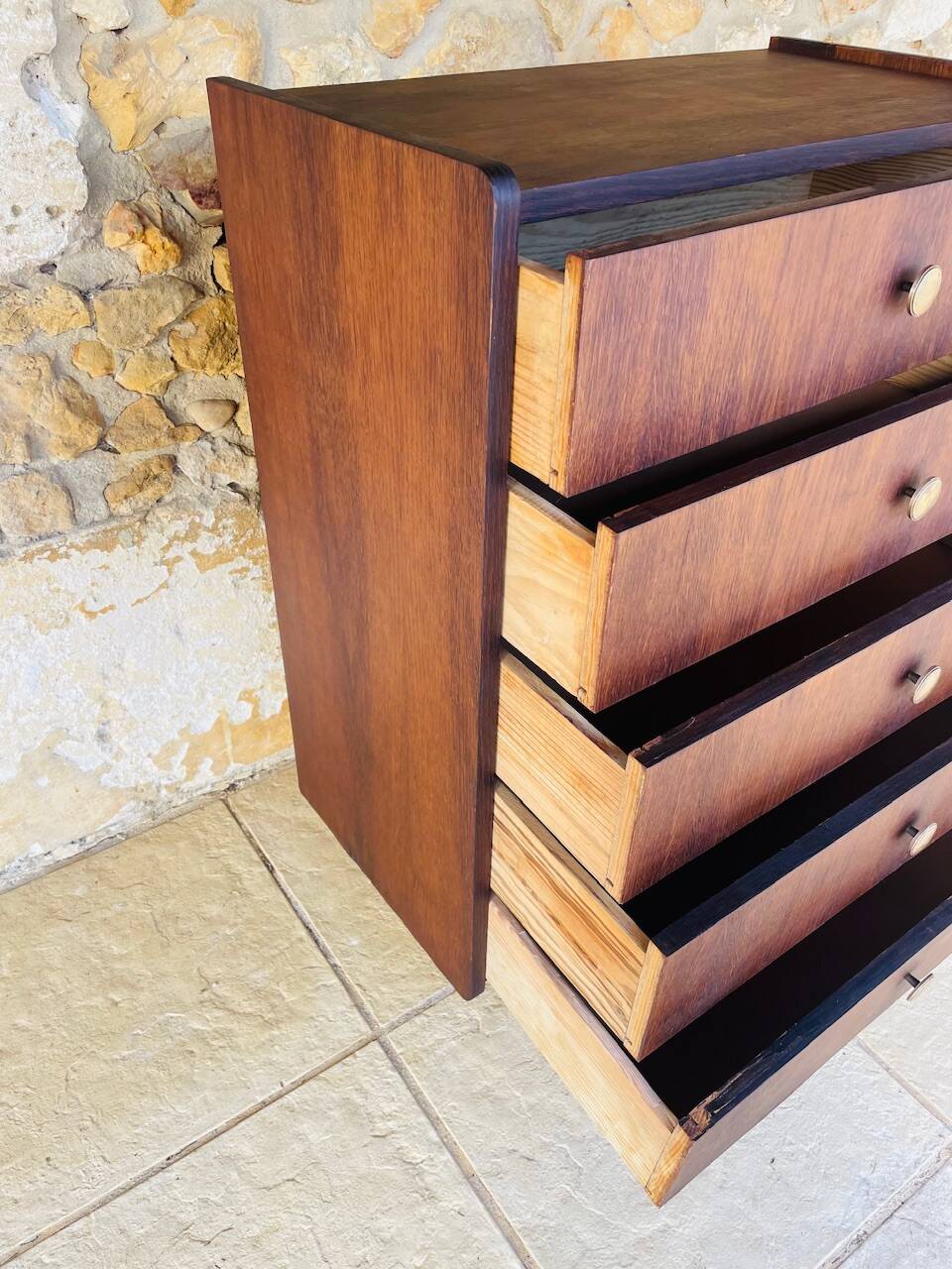 Commode haute vintage en chêne  à 5 tiroirs, circa 1950s