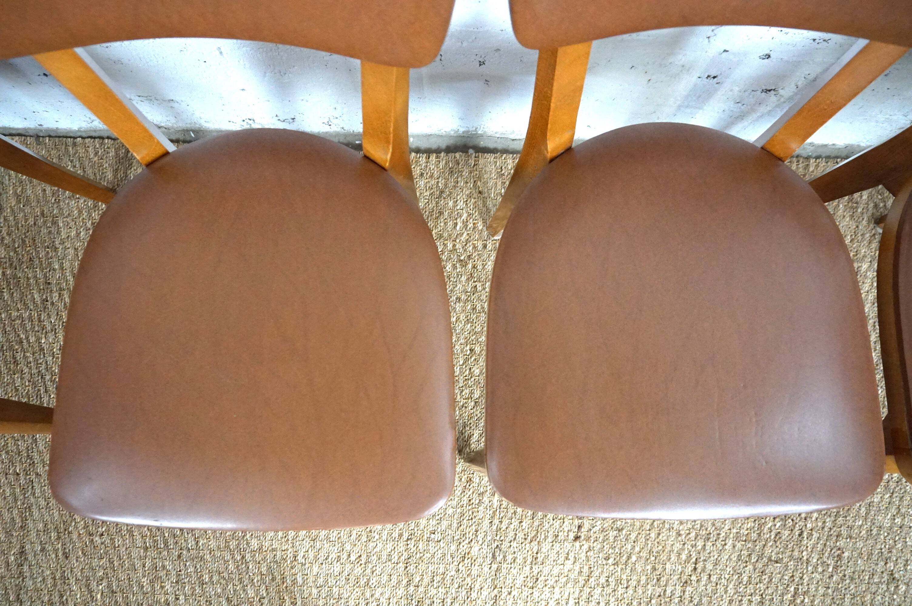 5 1960s Scandinavian style chairs in brown wood and skai, French handcrafted by Raincy