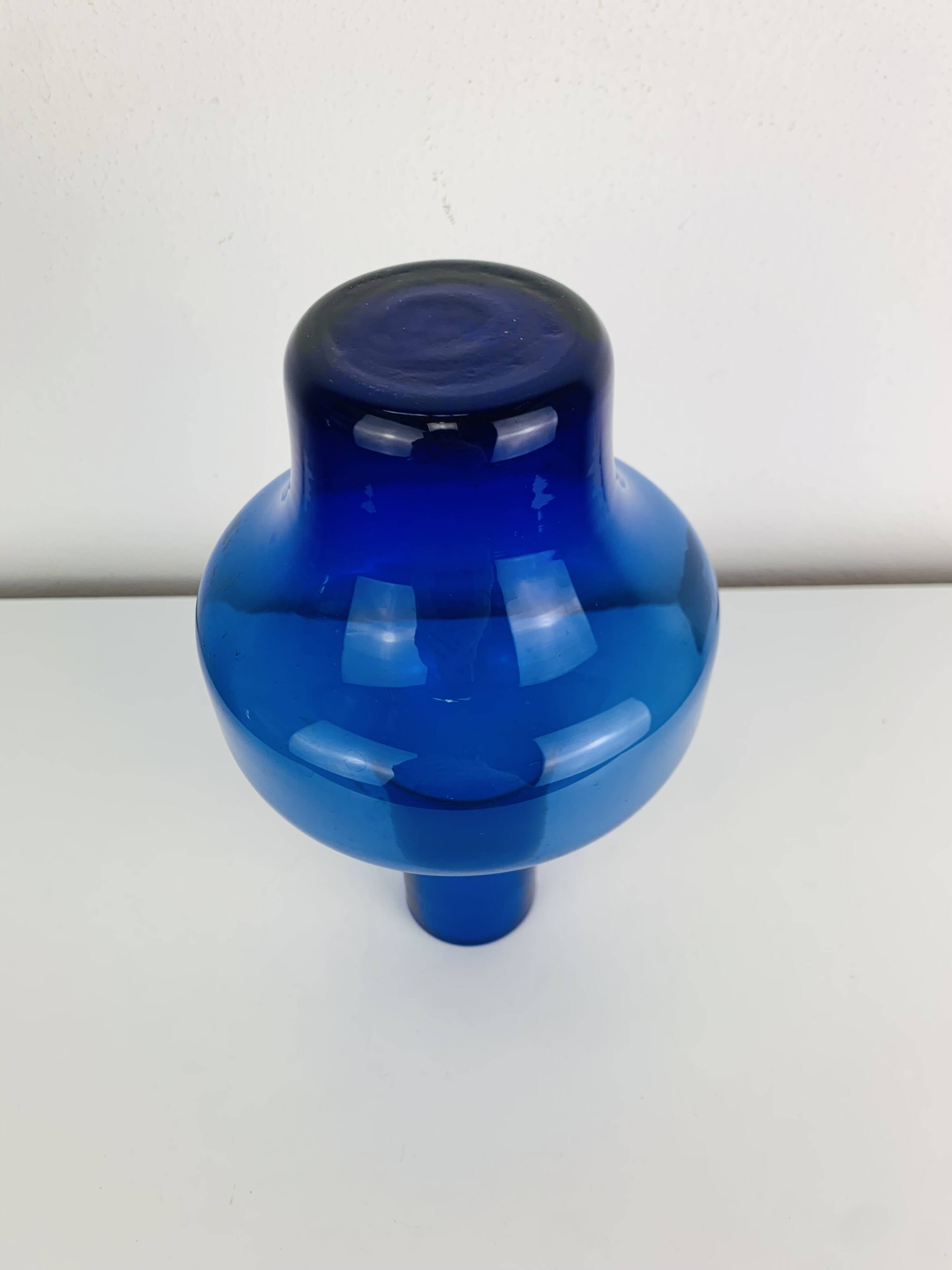 Blue glass vase in Scandinavian style from the 1960s, mouth-blown.