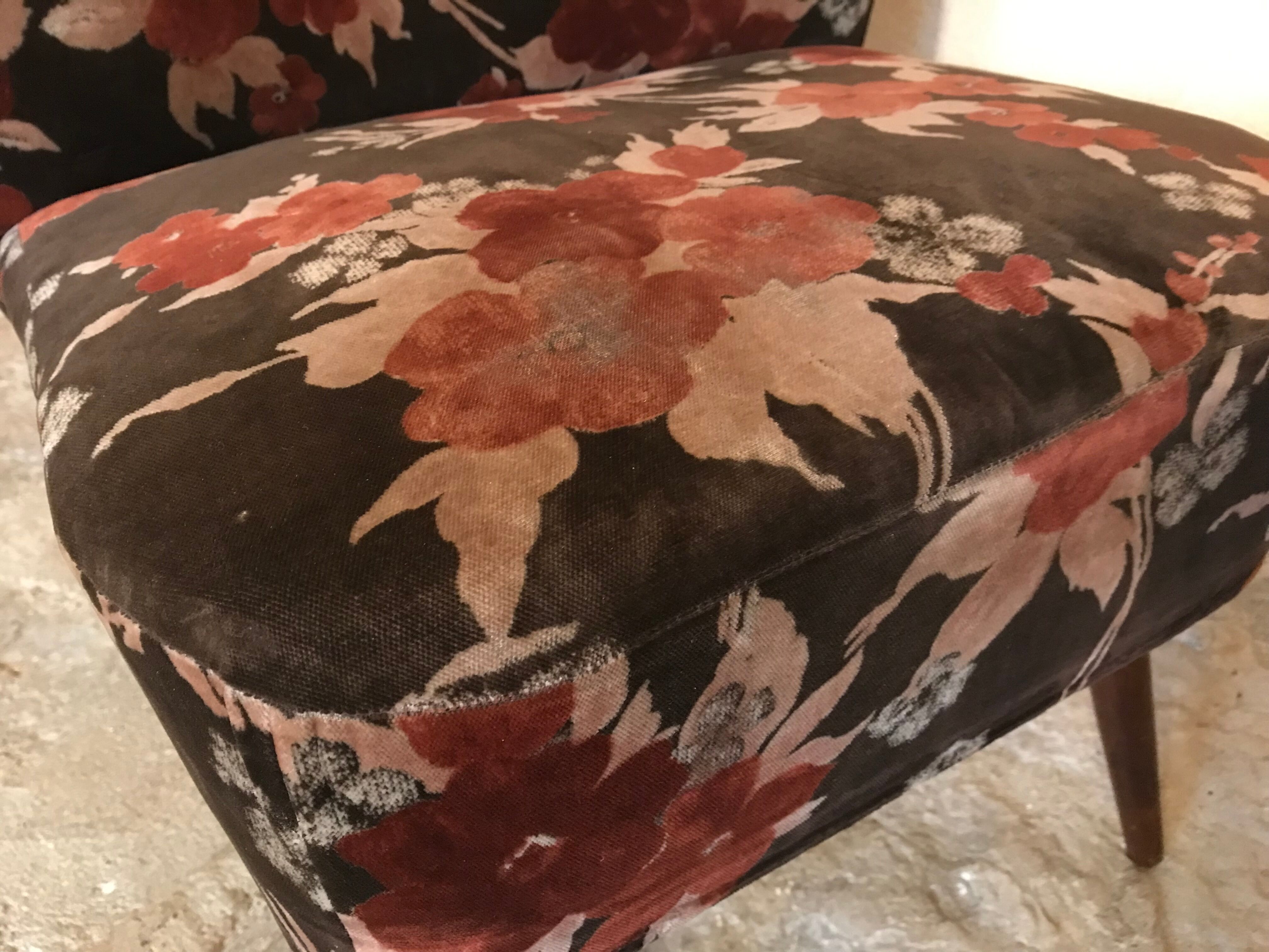Vintage cocktail armchair 1960 feet compass and fabric flowers