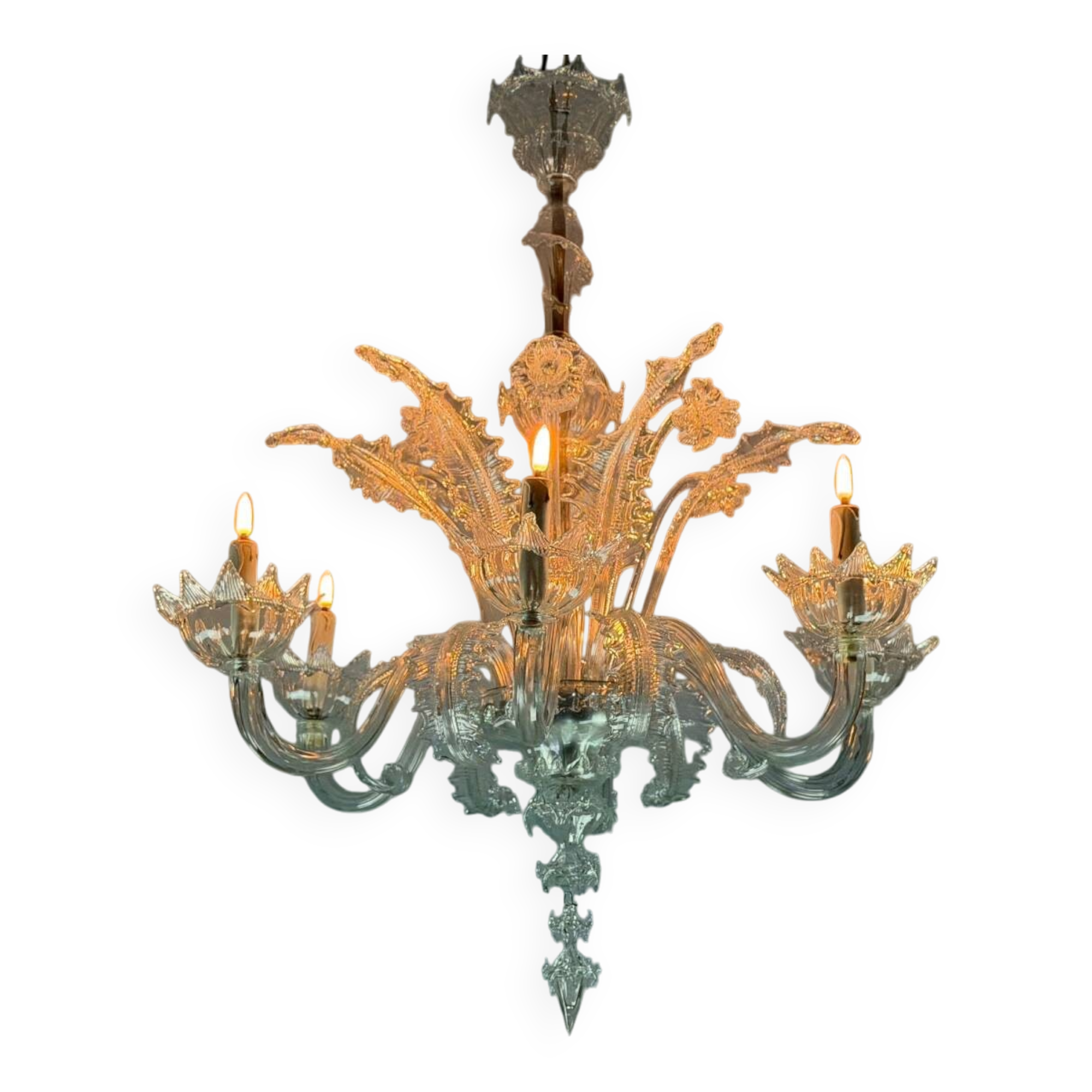 Venetian chandelier in colorless Murano glass with 6 light arms, circa 1930