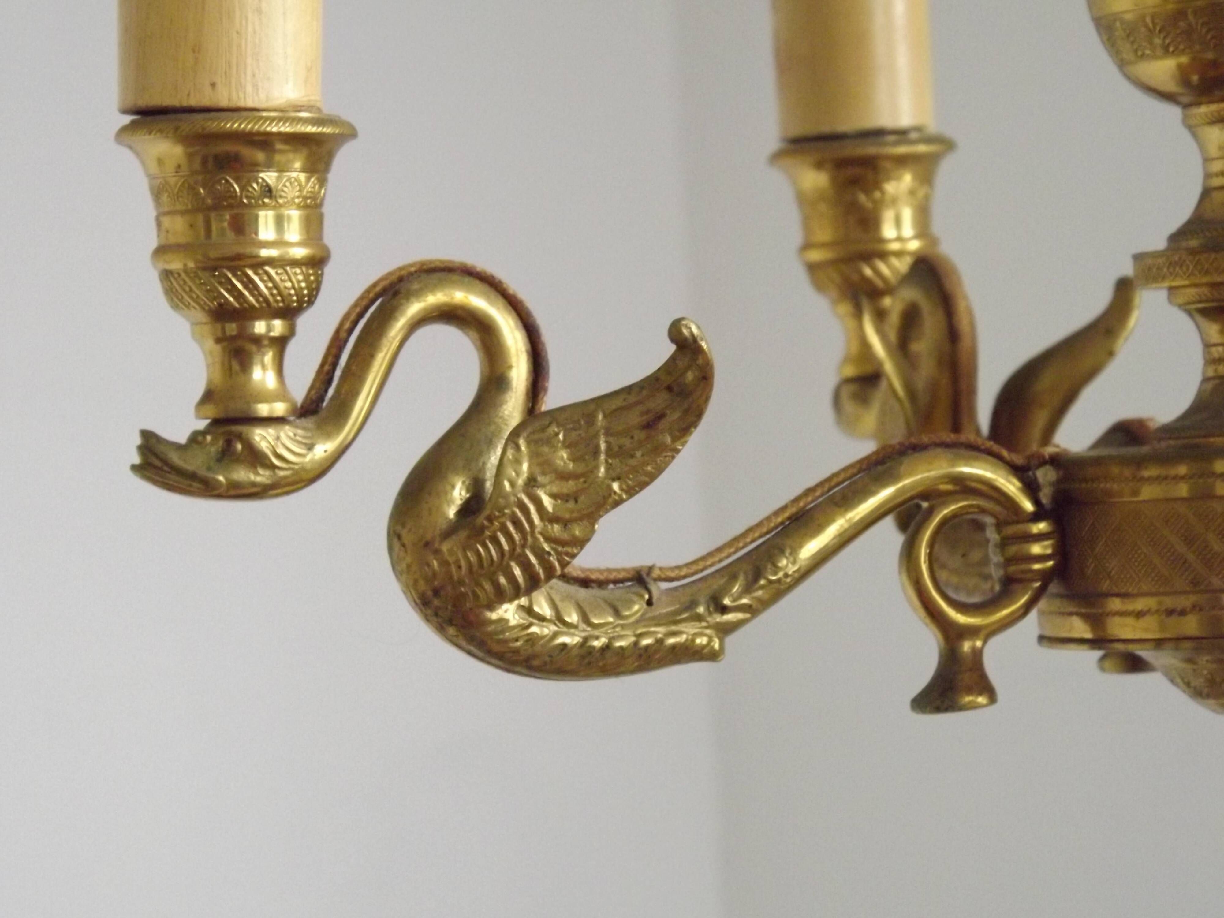 French Empire Style Bronze 4-Light Chandelier with Swan Detail Arms