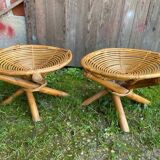 Pair of Spiral Stools in Wicker Rattan Made in France Vintage #B796