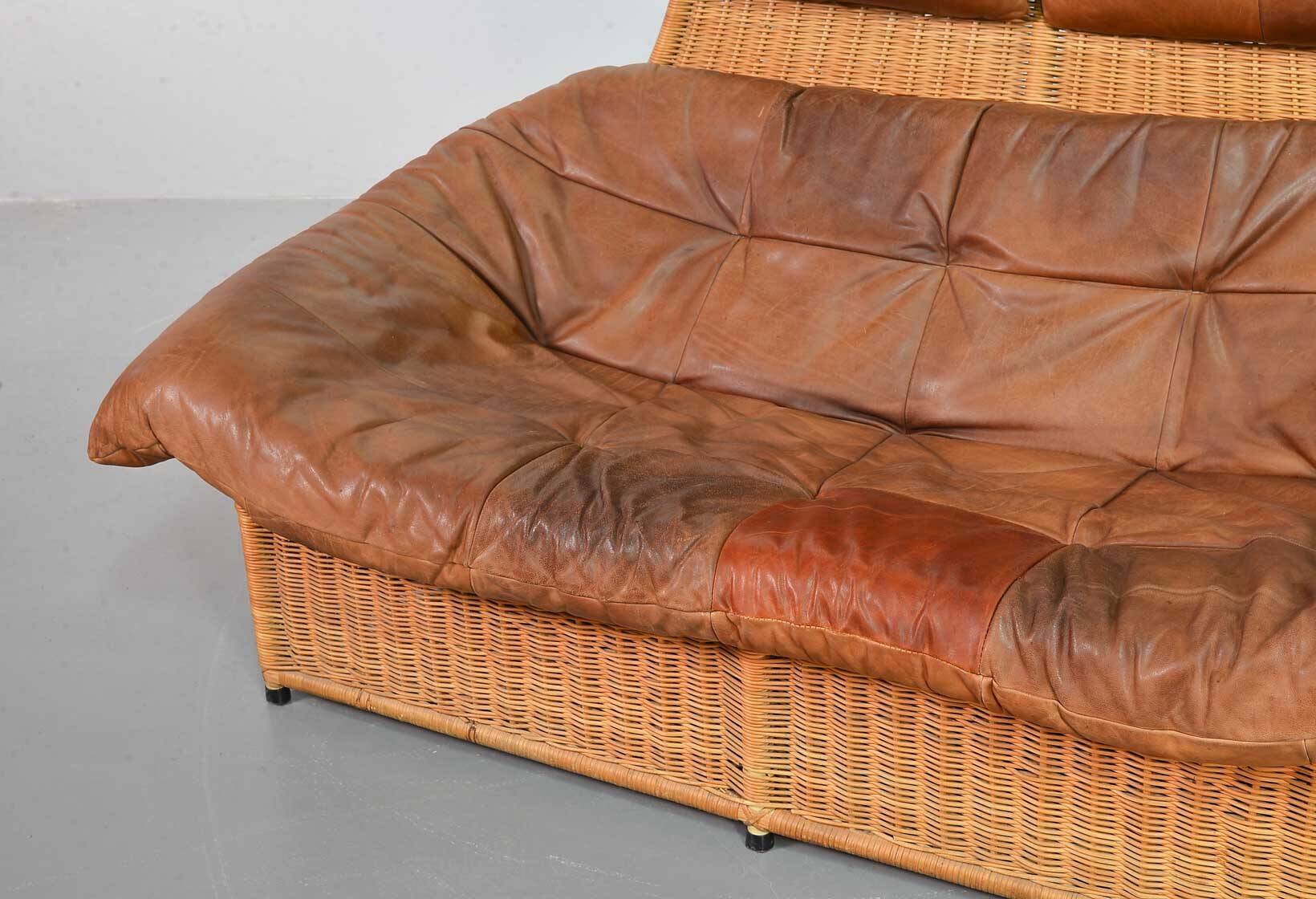 Gerard van de Berg Cognac Patchwork Leather 2-Seat Rockstyle Cane Sofa 70s