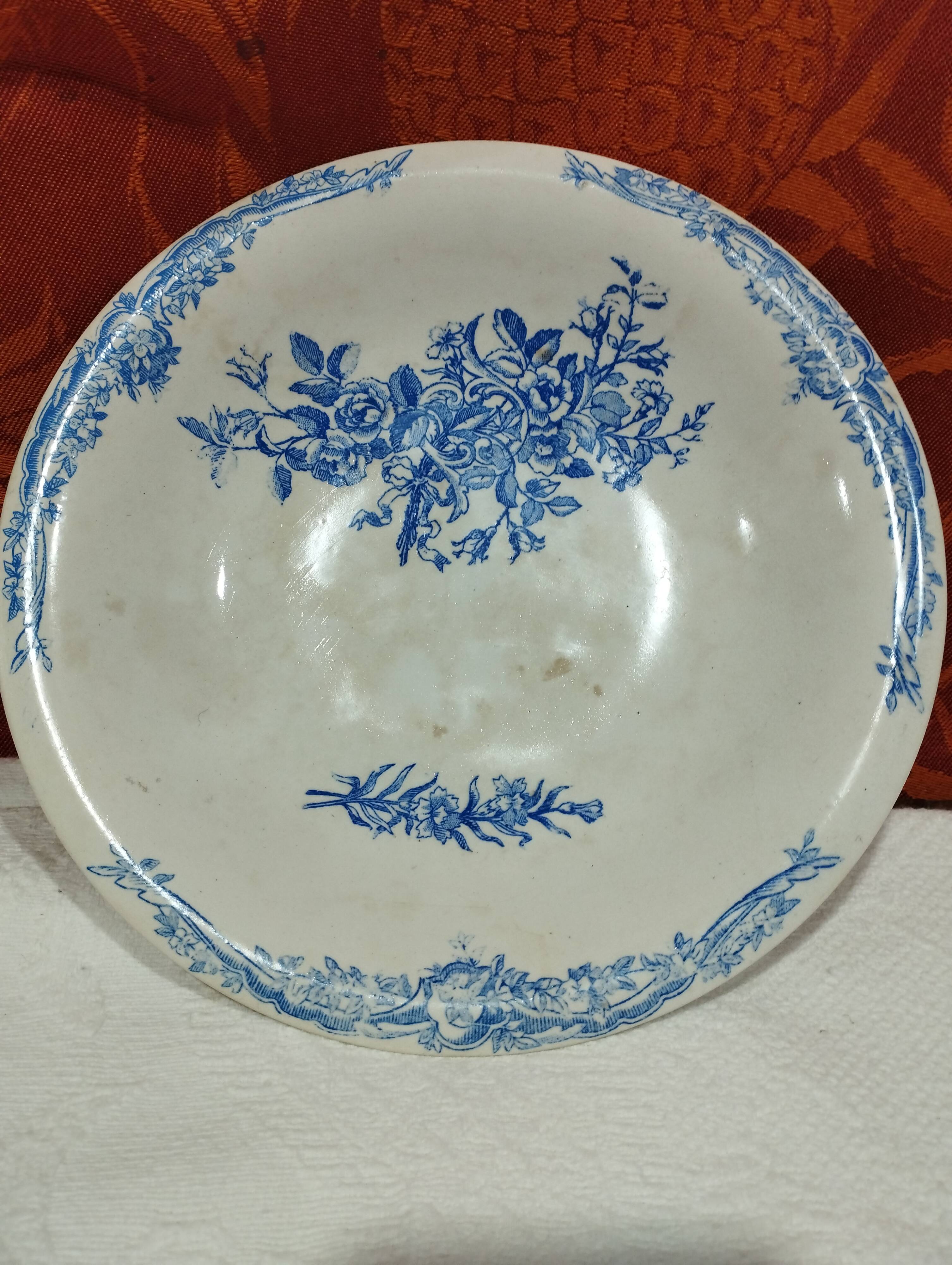 old earthenware fruit bowl - blue floral decoration