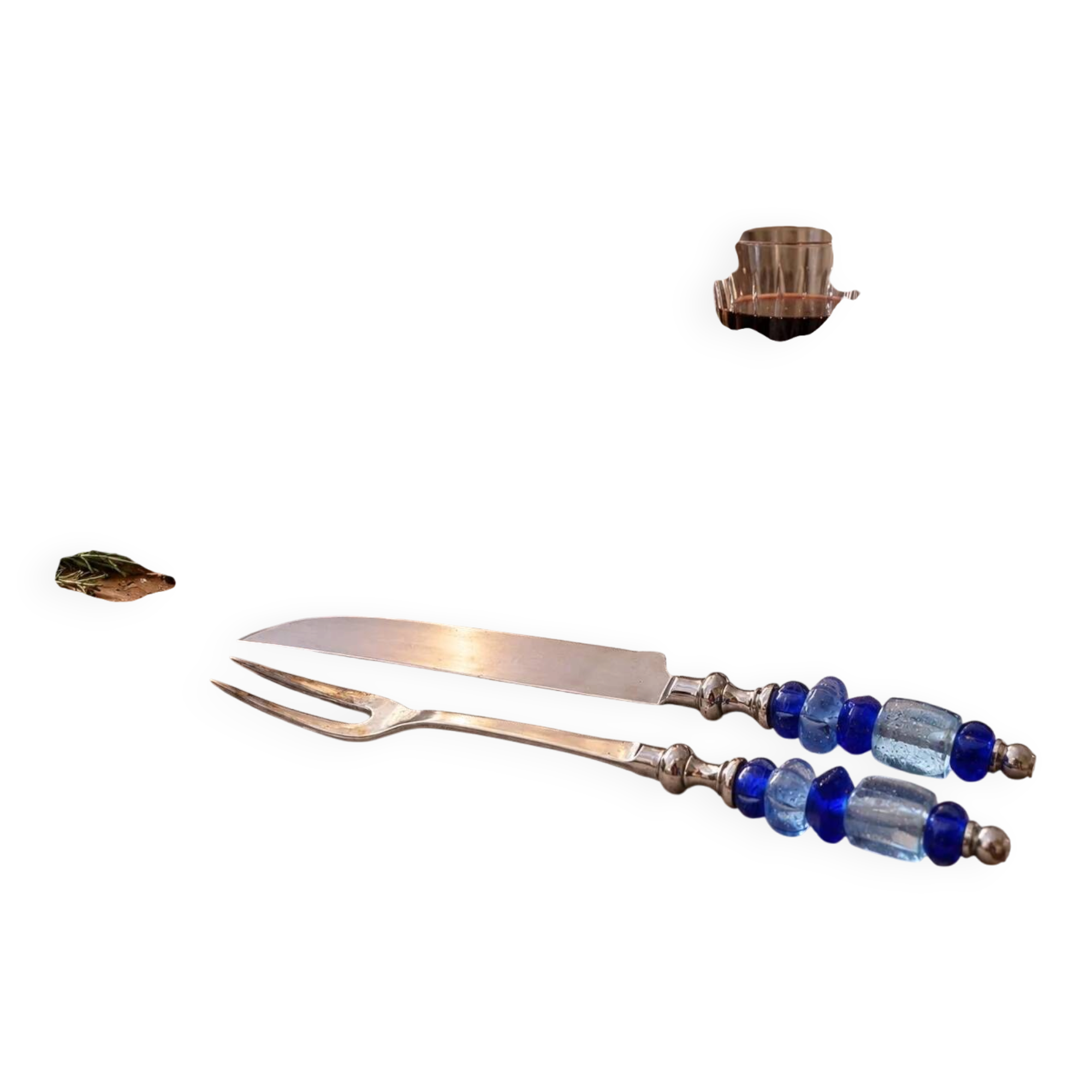 Vintage carving set knife and fork – handles made of blue glass beads