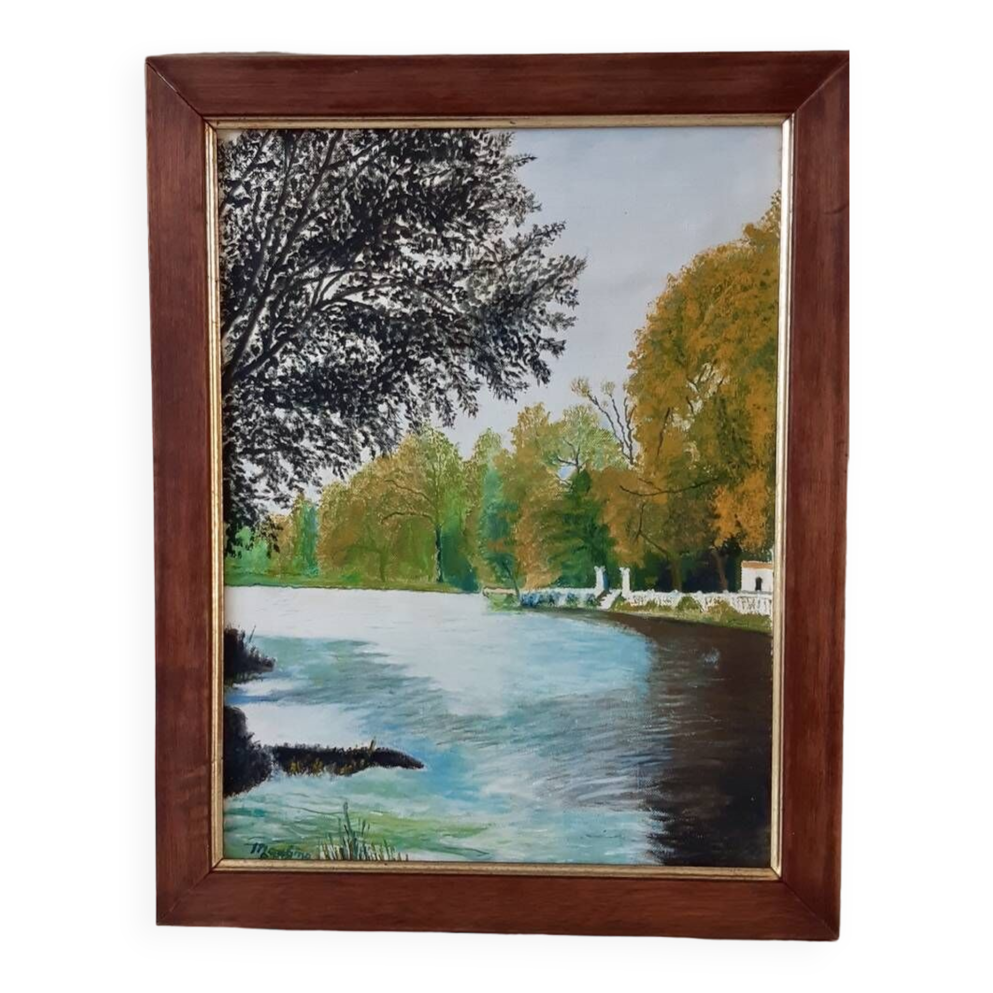 Painting / oil landscape river signed vintage 30x37.5
