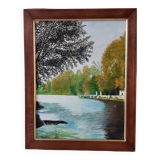 Painting / oil landscape river signed vintage 30x37.5