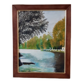 Painting / oil landscape river signed vintage 30x37.5