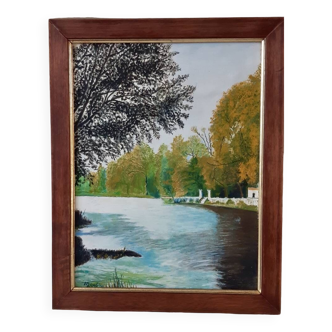 Painting / oil landscape river signed vintage 30x37.5