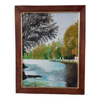 Tableau / huile paysage rivière signé vintage 30x37.5