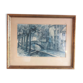 Illustration sous verre " Pont de Bruges " par Jan Korthals, années 60-70