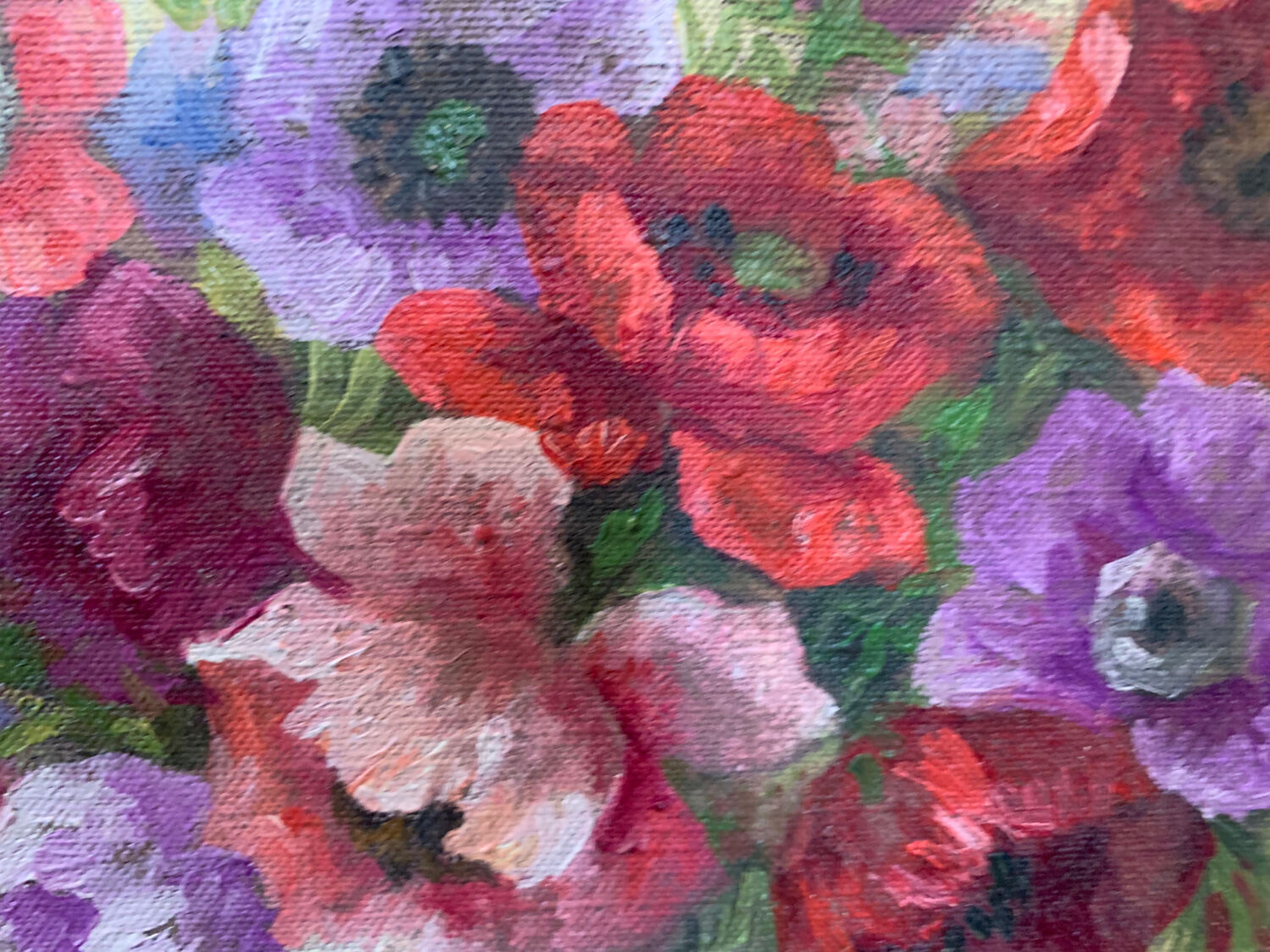 Pair paintings, oil on canvas still life pink flowers