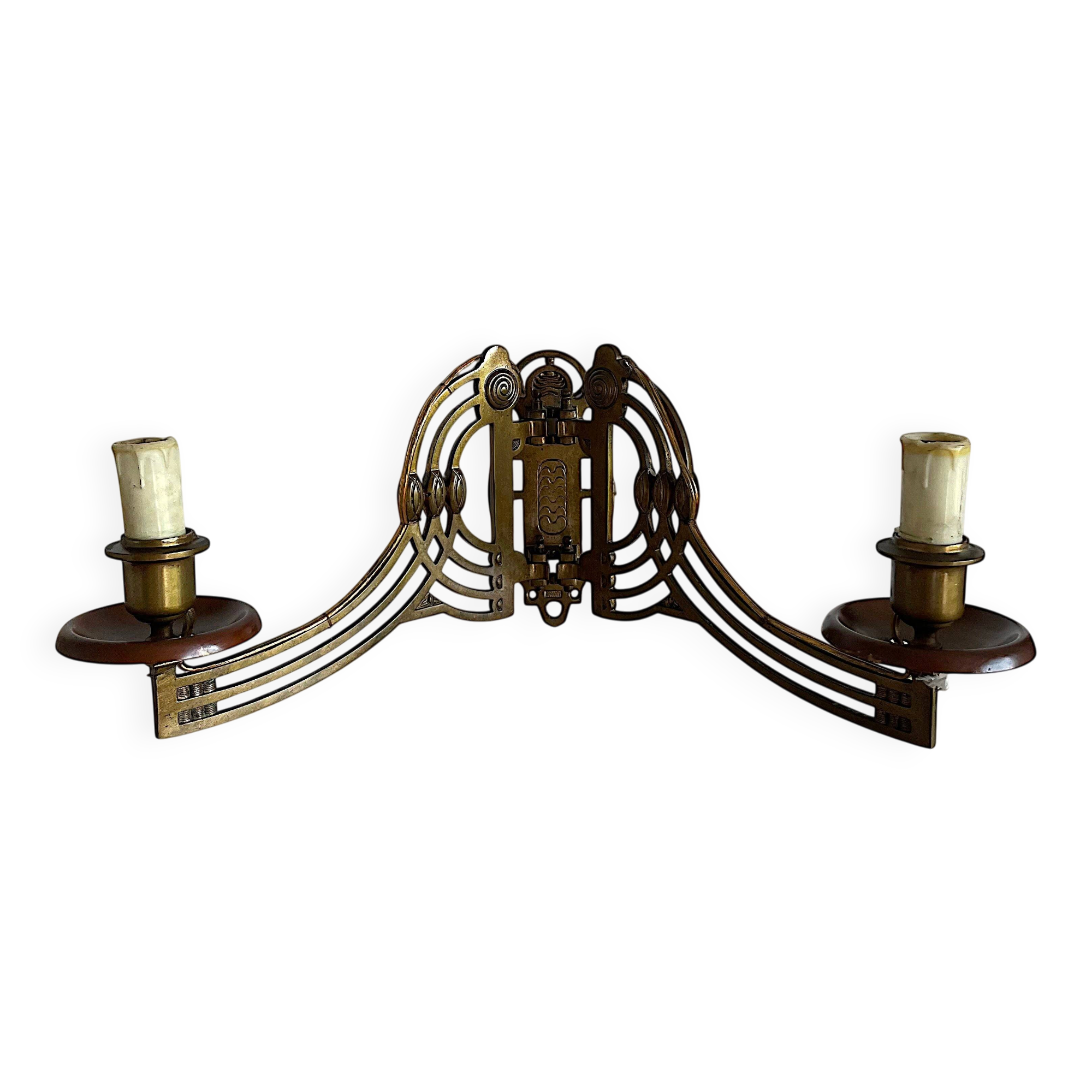 Art Nouveau style brass double piano wall lamp