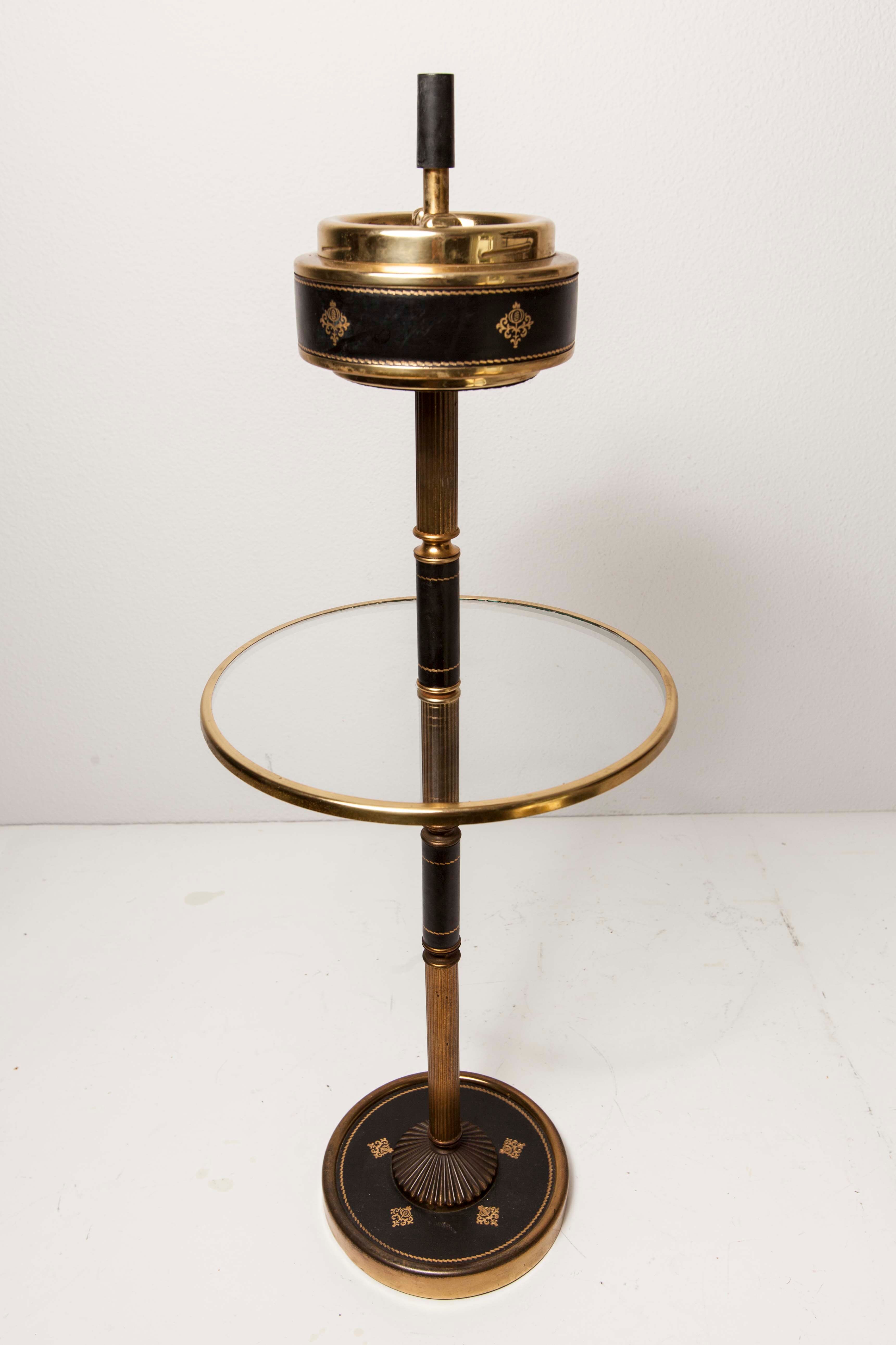 Ashtray on feet 60s gold, glass and leather