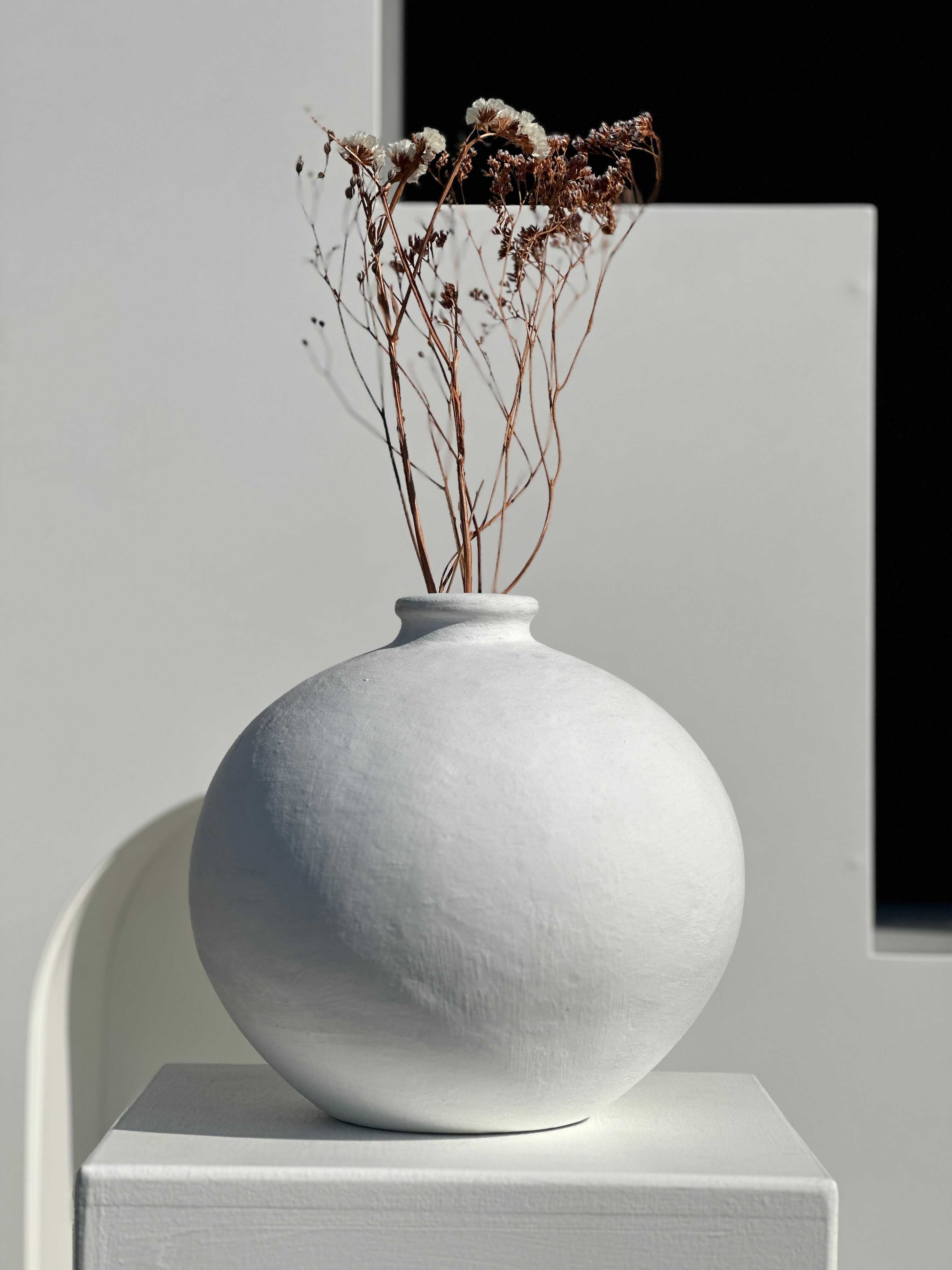 Handcrafted terracotta ball vase painted white H:24 D:26