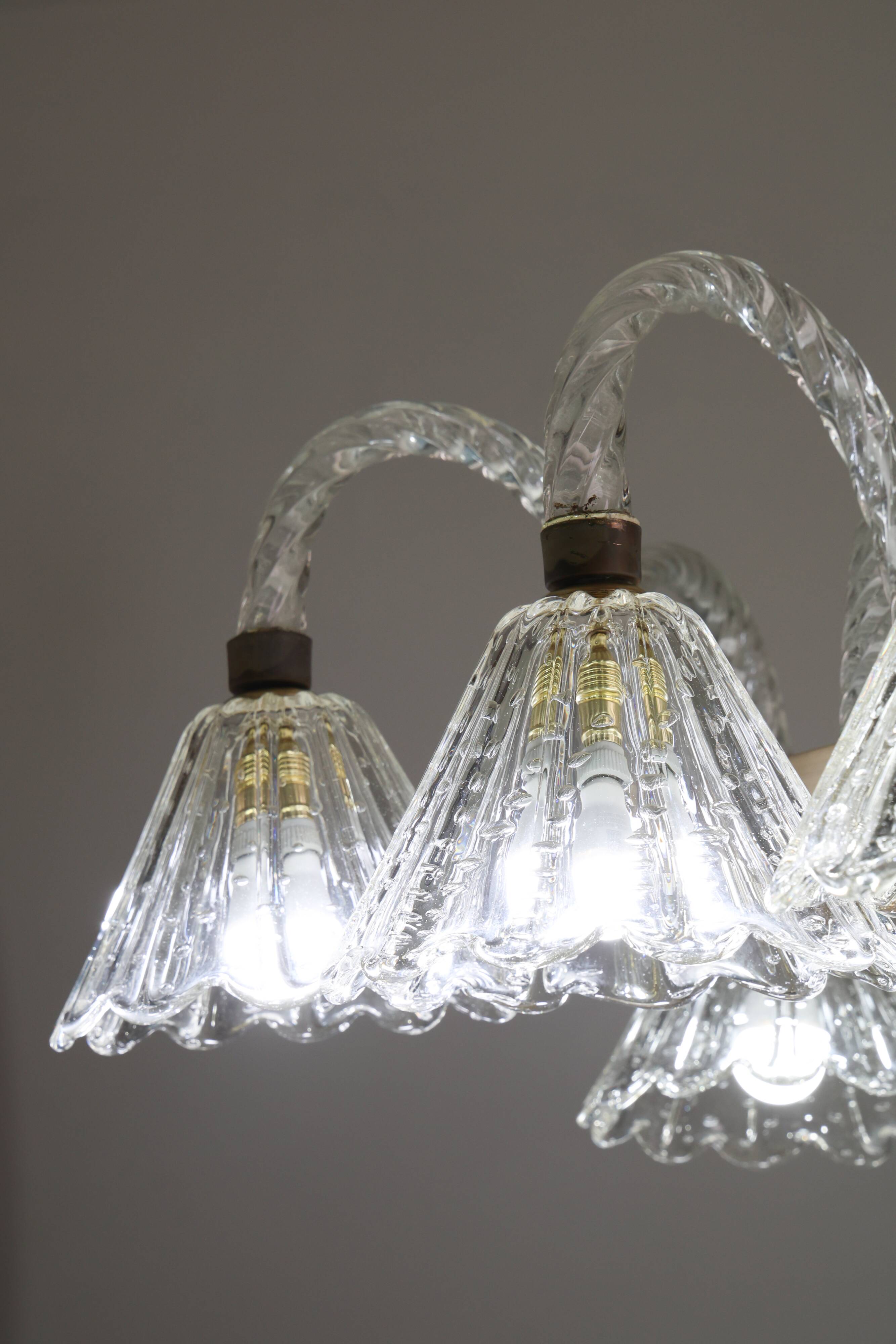 Museal 8 Light Art Decò Barovier e Toso Chandelier, Murano "Bubble" Glass,