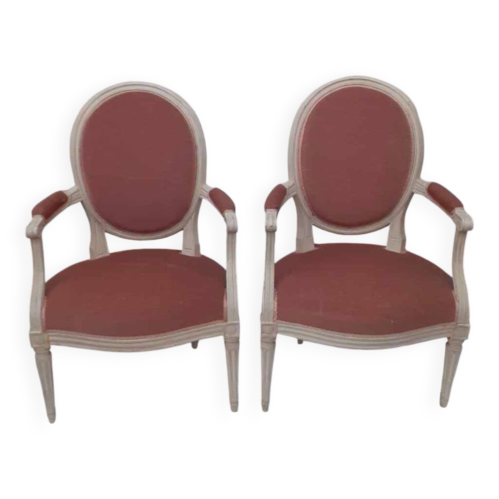 Pair of Louis XVI style medallion armchairs in patinated white