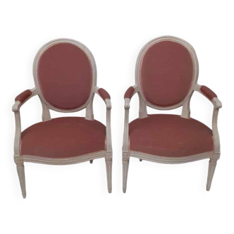 Pair of Louis XVI style medallion armchairs in patinated white
